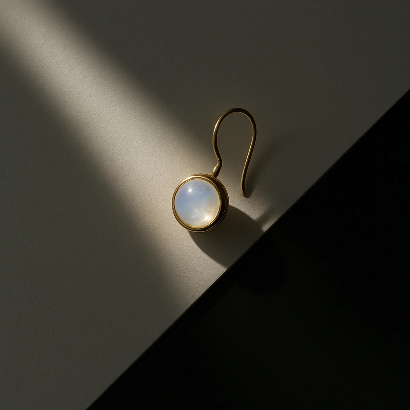 Orecchino Chiarore in argento placcato oro 18KT con pietra di luna, attraversato da una lama di luce
