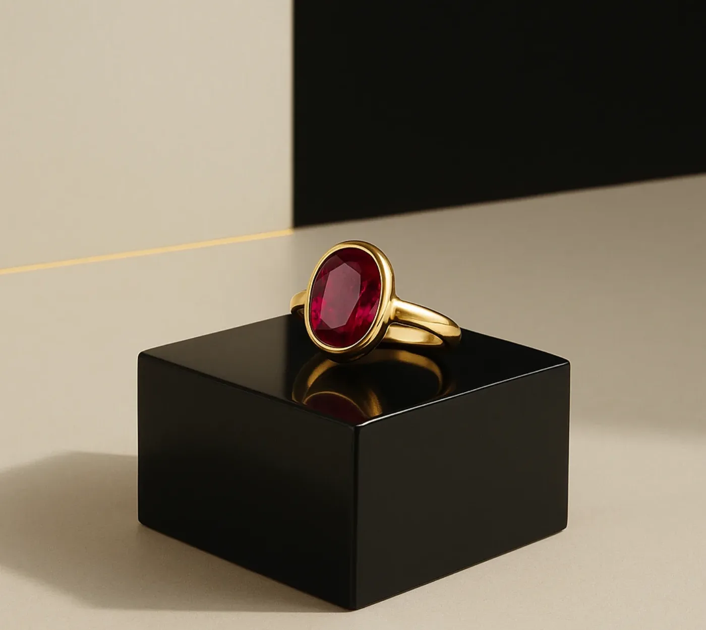 Anello Corona in argento placcato oro 18KT con rubino ovale, su cubo nero lucido