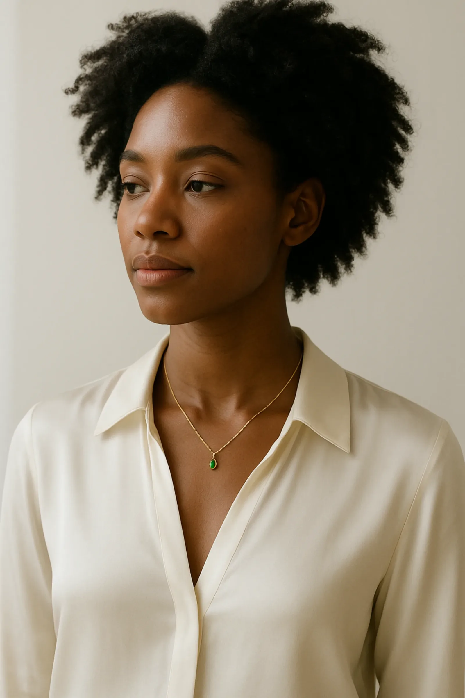 Collana Lignaggio in oro con pendente verde, indossata sopra un abito avorio