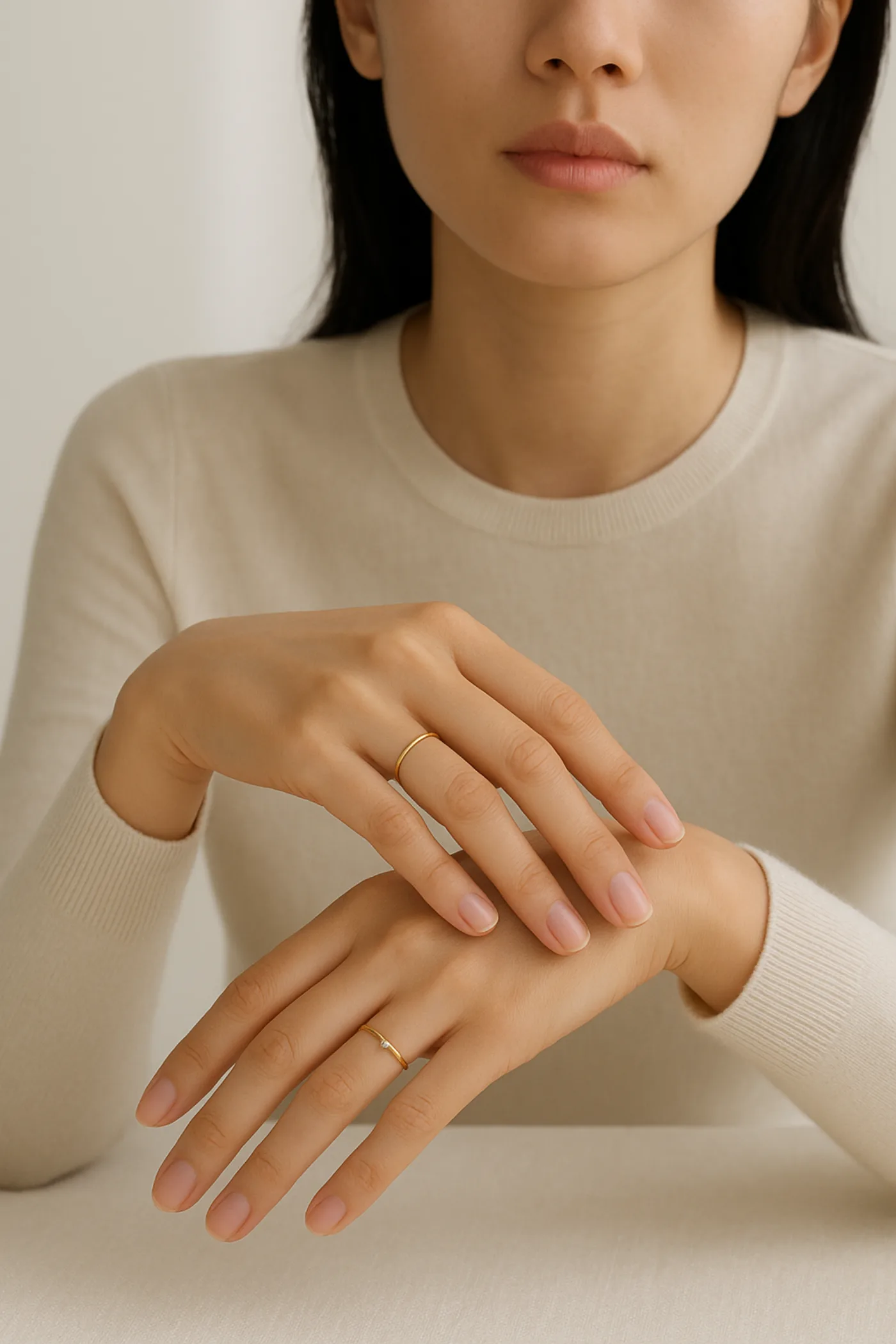 Mani appoggiate una sull'altra con anello sottile in oro, maglia avorio