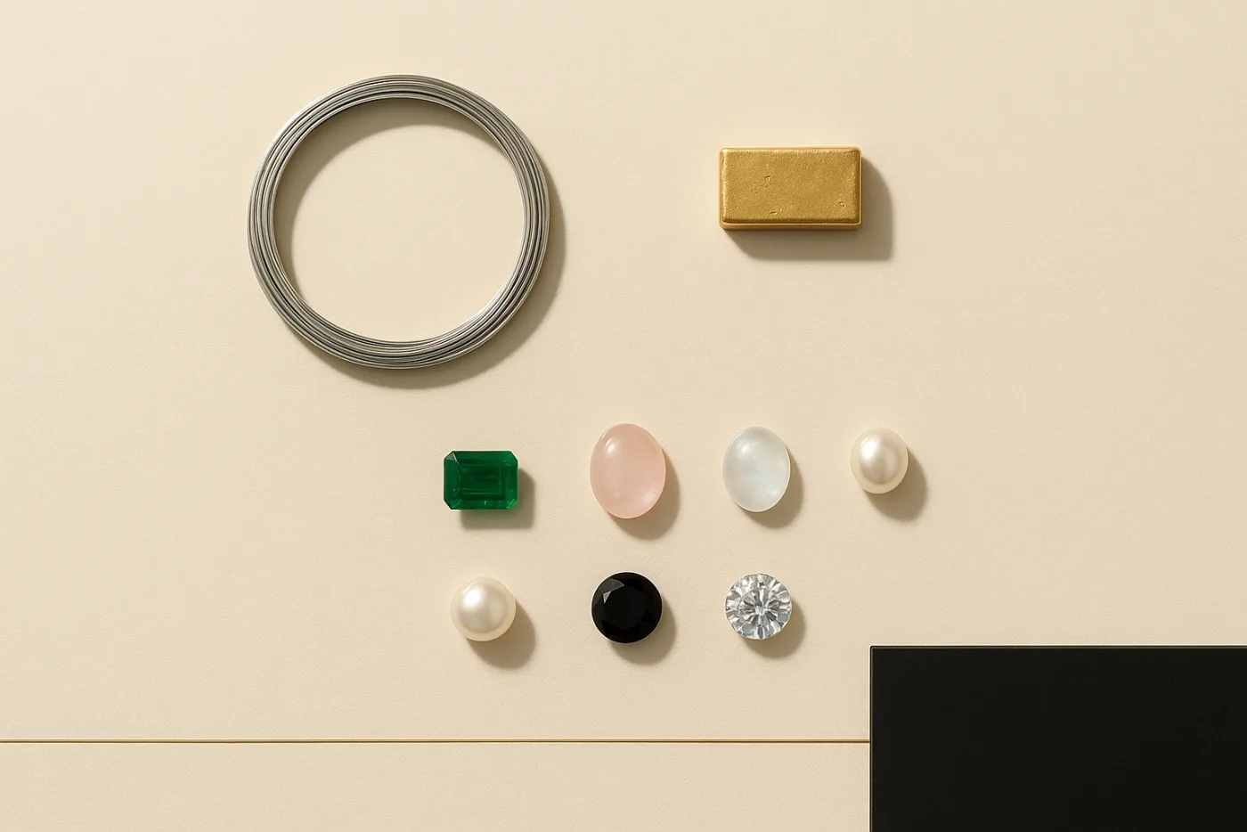 Materiali delle collezioni su un piano: catene in oro, pietre colorate, panno avorio