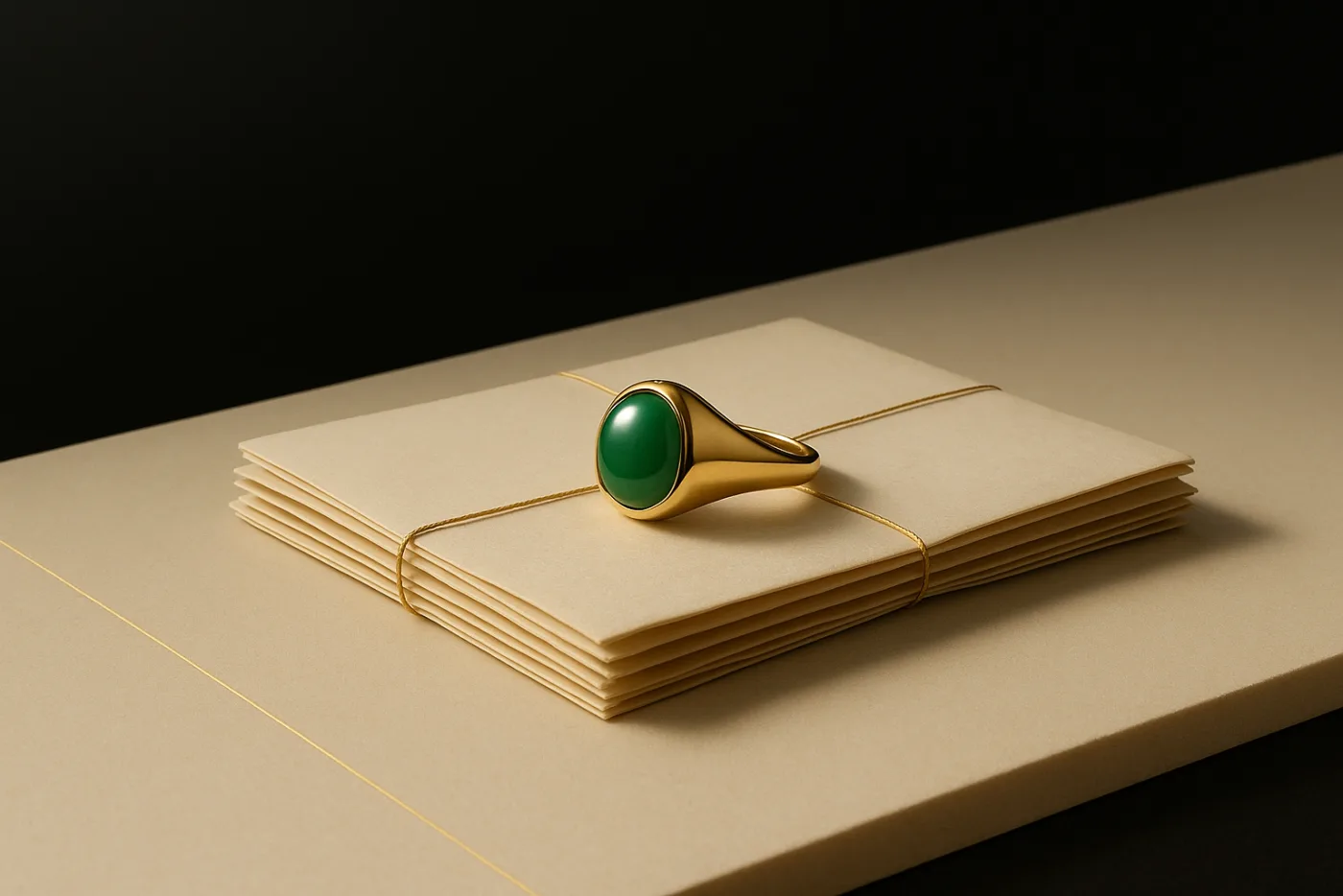 Anello con cabochon verde su un plico di lettere avorio legato con filo d'oro