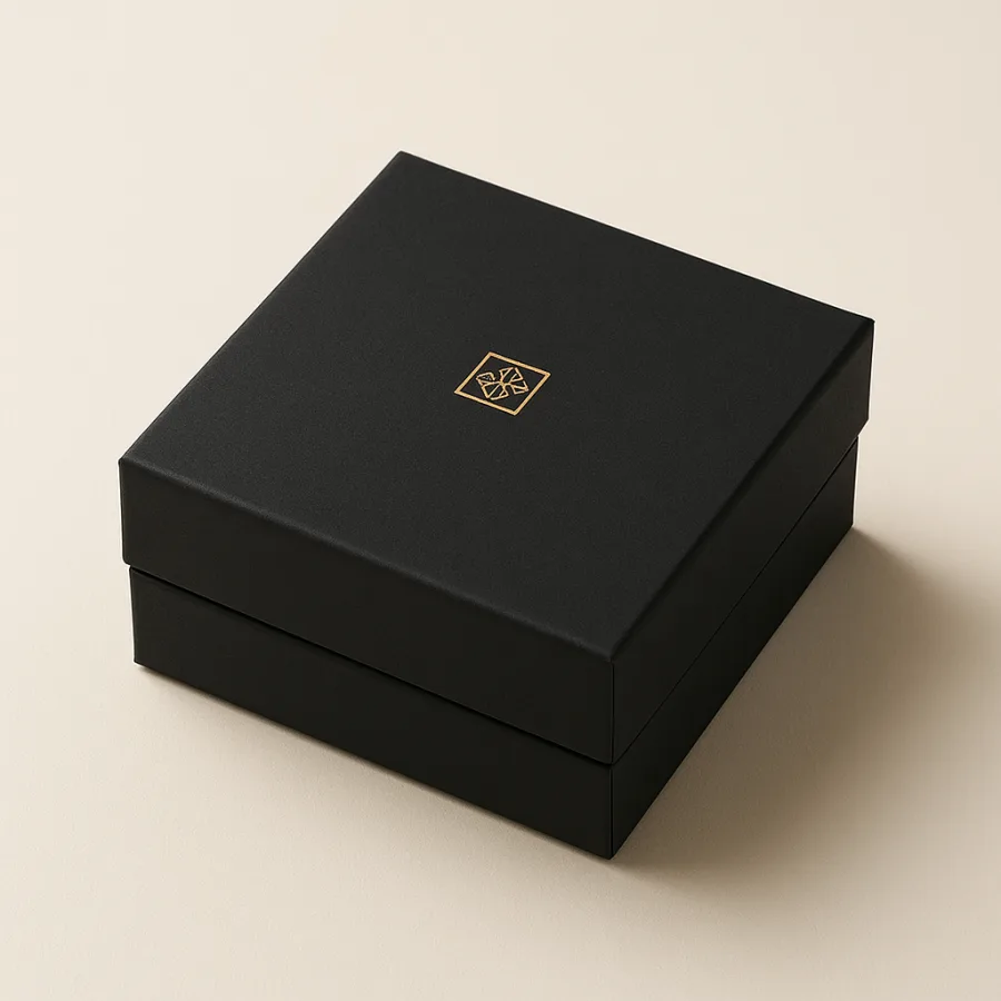Scatola rigida DJAHARA chiusa, con monogramma impresso in oro