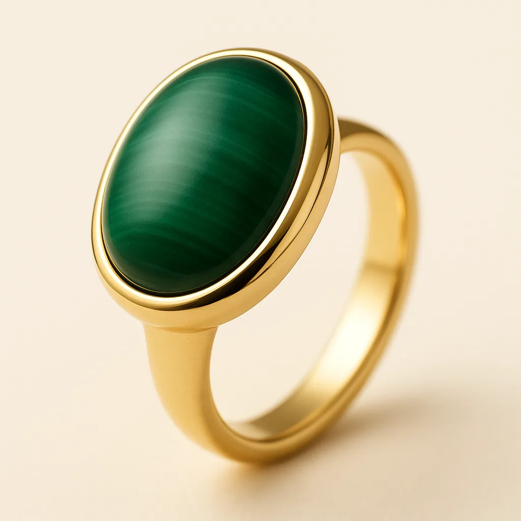 Anello in argento 925 placcato oro 18KT con agata verde cabochon, collezione ORIGINS