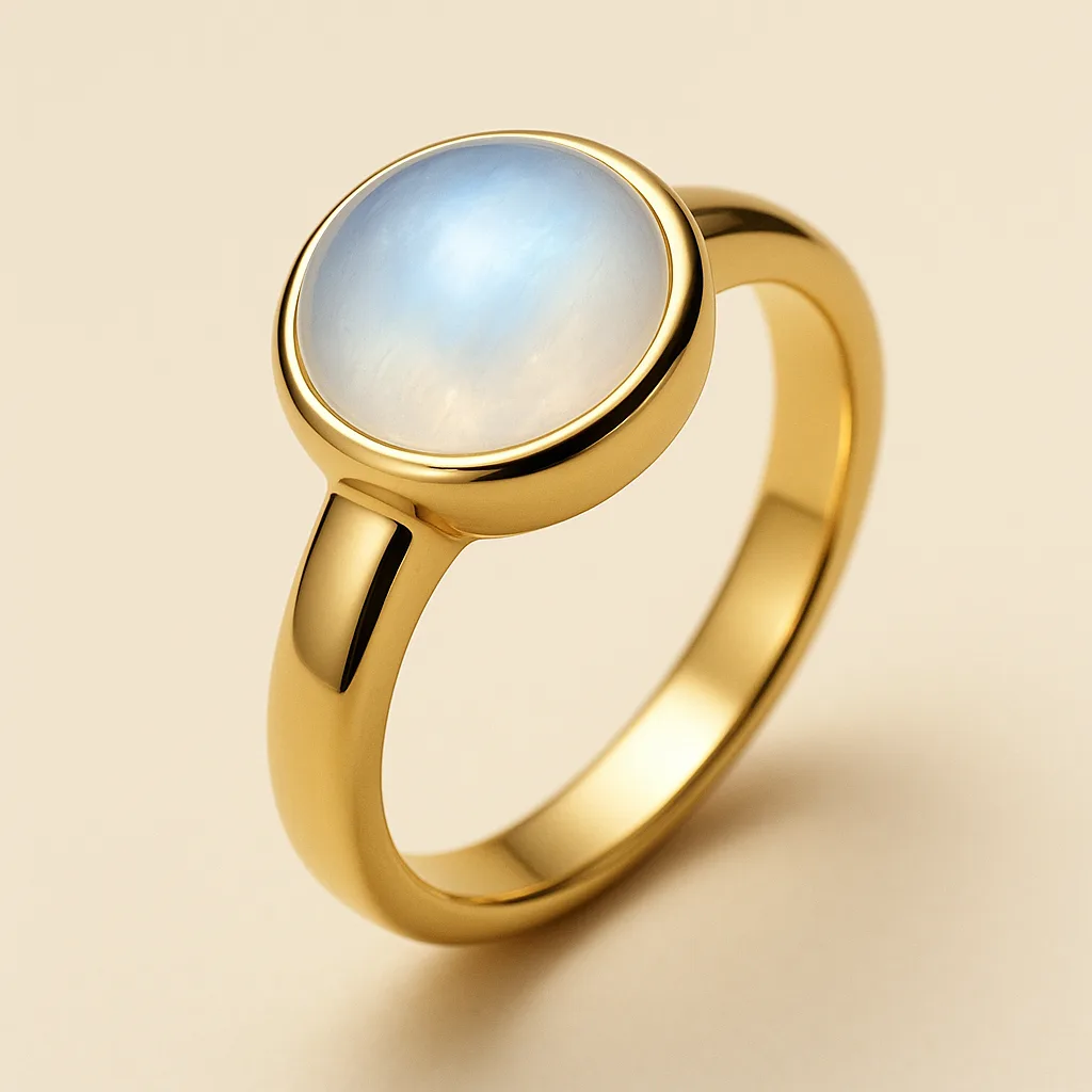 Anello in argento 925 placcato oro 18KT con pietra di luna cabochon, collezione NOOR