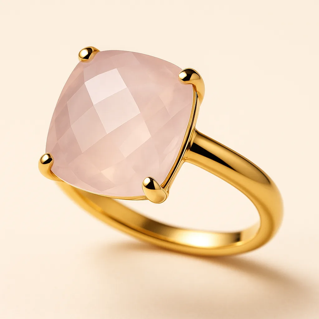 Anello in argento 925 placcato oro 18KT con quarzo rosa sfaccettato, collezione BLOOM